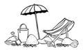 Beach scene. Parasol with lounger on the sand. Vector outline cartoon hand drawn illustration